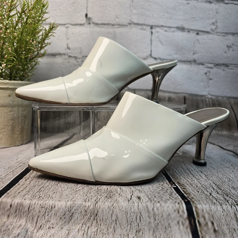 AGL ATTILIO GIUSTI LEOMBRUNI POINTED TOE MULE WHITE PATENT SMALL HEEL WOMENS 38 - Picture 5 of 12